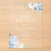 Baby Blauw & Wit Bloemen Baby shower Acryl Uitnodigingen (Voorkant)