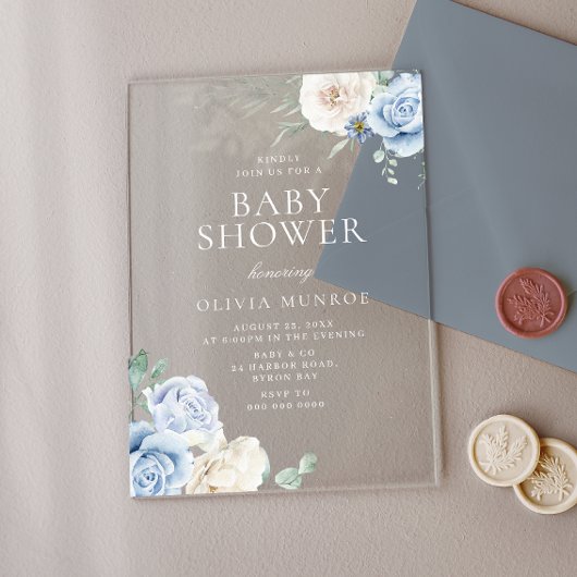 Baby Blauw & Wit Bloemen Baby shower Acryl Uitnodigingen