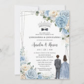 Baby Blauw Wit Bloemen Tweeling Jongen Meisje Quin Kaart (Voorkant)