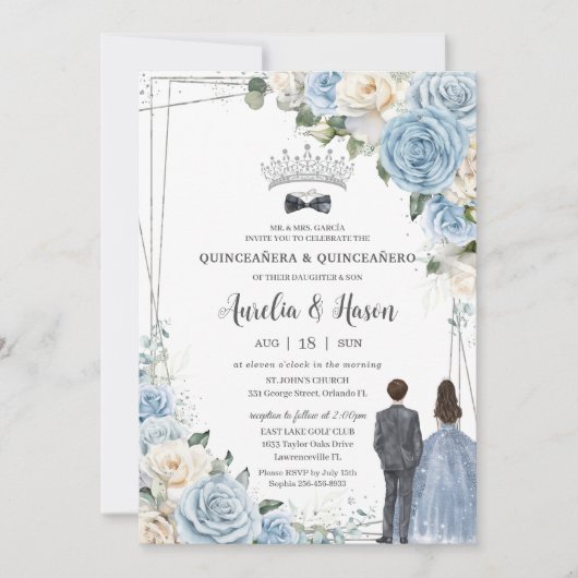 Baby Blauw Wit Bloemen Tweeling Jongen Meisje Quin Kaart (Voorkant)