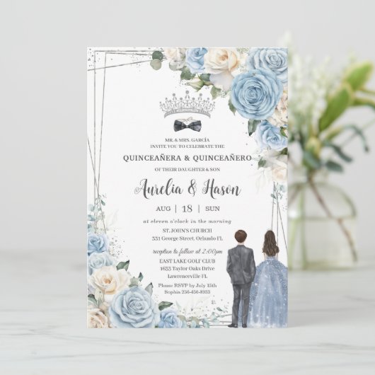 Baby Blauw Wit Bloemen Tweeling Jongen Meisje Quin Kaart (Staand voorkant)