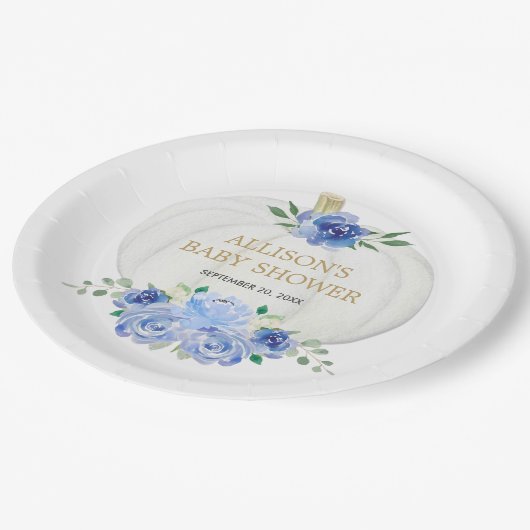 Baby blauw wit bloemengroen witte pompoenen papieren bordje (Gekanteld)