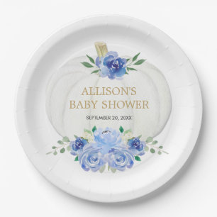 Baby blauw wit bloemengroen witte pompoenen papieren bordje
