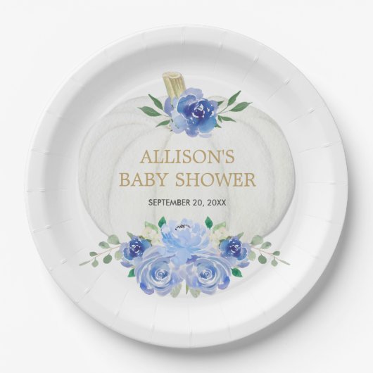 Baby blauw wit bloemengroen witte pompoenen papieren bordje (Voorkant)