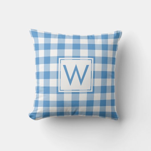 Baby Blauw Wit Gingham Patroon, Douane Monogram Kussen (Voorkant)