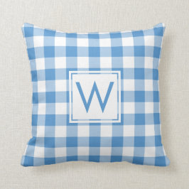 Baby Blauw Wit Gingham Patroon, Douane Monogram Kussen