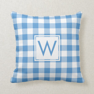 Baby Blauw Wit Gingham Patroon, Douane Monogram Kussen