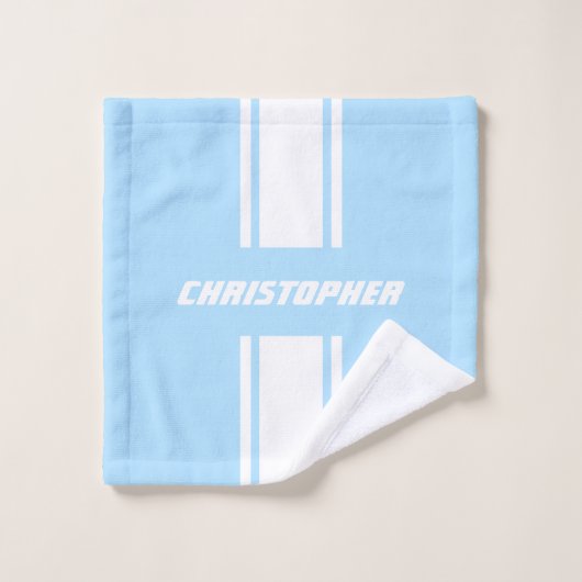 Baby Blauw Wit Racing Stripes Monogram Kinder Jong Bad Handdoek (Wasdoekje)