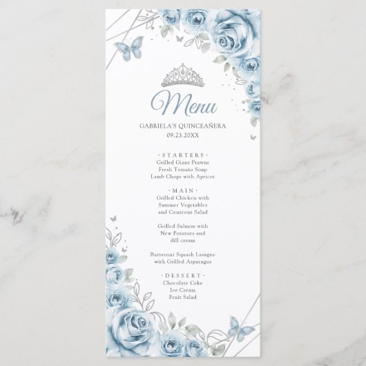 Baby Blauw Zilver Bloemen Quinceanera Programma Me (Voorkant)