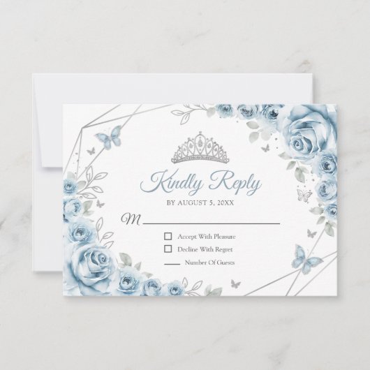 Baby Blauw Zilver Bloemen Quinceanera Reageer RSVP Kaartje (Voorkant)