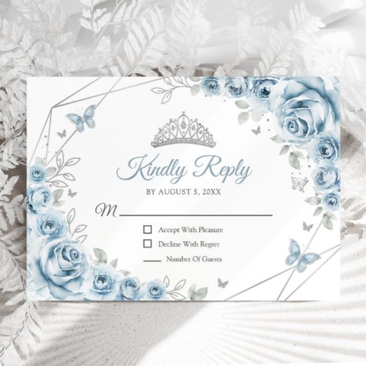 Baby Blauw Zilver Bloemen Quinceanera Reageer RSVP Kaartje