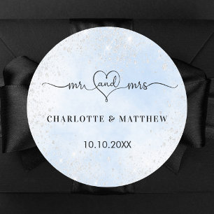 Baby blauw zilver mr mrs hart dank u bruiloft ronde sticker