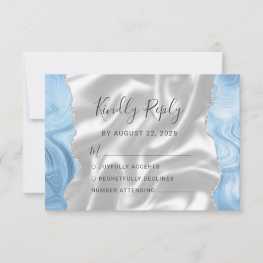 Baby Blauw Zilveren Agaat Witte Zijde Huwelijk RSVP Kaartje (Voorkant)