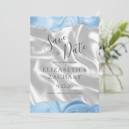 Baby Blauw Zilveren Agaat Witte Zijde Save the Dat Save The Date (Staand voorkant)