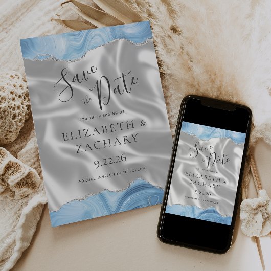 Baby Blauw Zilveren Agaat Witte Zijde Save the Dat Save The Date