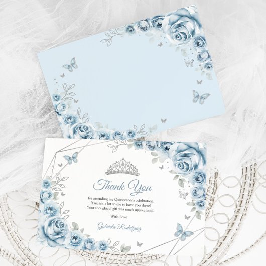 Baby Blauw Zilveren Bloemen Quinceanera Bedankkaart