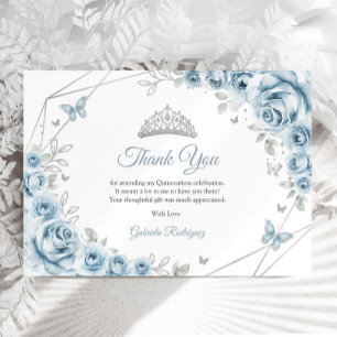 Baby Blauw Zilveren Bloemen Quinceanera Bedankkaart