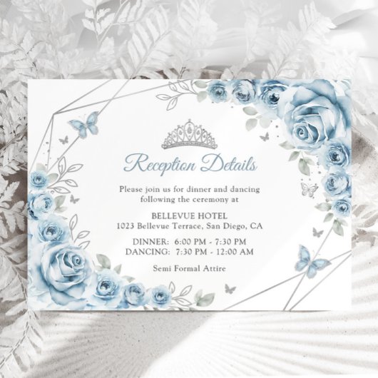 Baby Blauw Zilveren Bloemen Quinceanera Details Informatiekaartje