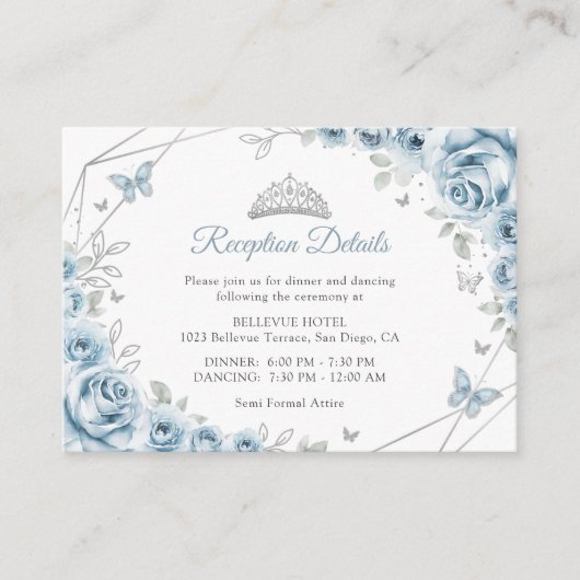 Baby Blauw Zilveren Bloemen Quinceanera Details Informatiekaartje (Voorkant)