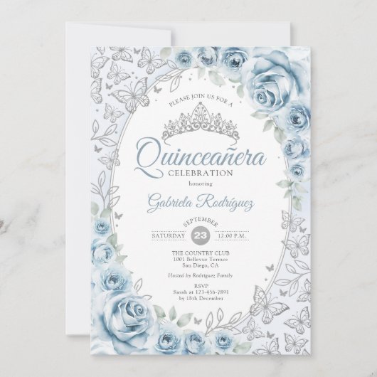 Baby Blauw Zilveren Bloemen Quinceanera Kaart (Voorkant)