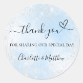 Baby blauw zilveren hart dank u bruiloft ronde sticker (Voorkant)