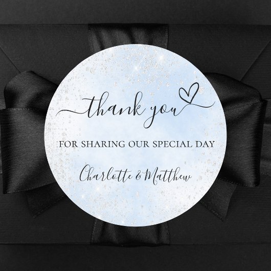 Baby blauw zilveren hart dank u bruiloft ronde sticker