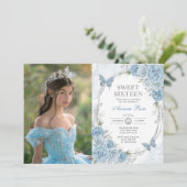 Baby Blauw Zilveren Vlinder Zoet 16 Verjaardag Fot Kaart (Staand voorkant)