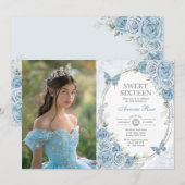 Baby Blauw Zilveren Vlinder Zoet 16 Verjaardag Fot Kaart (Voorkant / Achterkant)