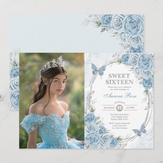 Baby Blauw Zilveren Vlinder Zoet 16 Verjaardag Fot Kaart (Voorkant / Achterkant)