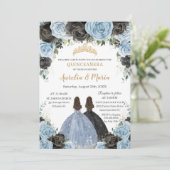 Baby Blauw Zwart Bloemen Tweeling Goud Quinceañera Kaart (Staand voorkant)