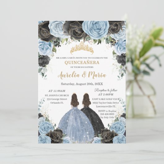 Baby Blauw Zwart Bloemen Tweeling Goud Quinceañera Kaart (Staand voorkant)