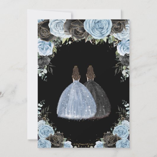 Baby Blauw Zwart Bloemen Tweeling Goud Quinceañera Kaart (Achterkant)