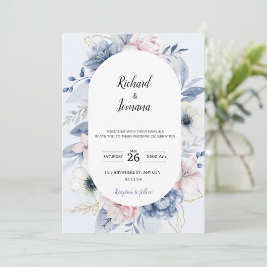 Baby blauwe bloemen bruiloft uitnodiging (Staand voorkant)