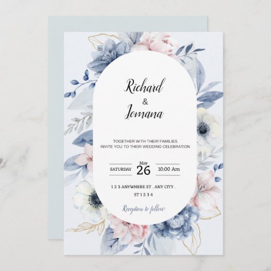 Baby blauwe bloemen bruiloft uitnodiging (Voorkant / Achterkant)