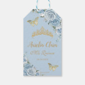 Baby Blauwe Bloemen Quinceanera Gouden Vlinders Cadeaulabel (Achterkant)
