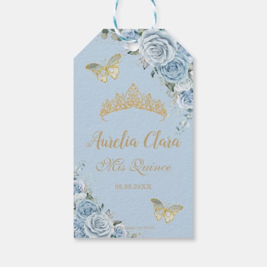 Baby Blauwe Bloemen Quinceanera Gouden Vlinders Cadeaulabel (Achterkant)