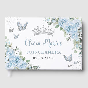 Baby Blauwe Bloemen Vlinders Zilveren Quinceañera Gastenboek