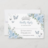 Baby Blauwe Bloemen Vlinders Zilveren Quinceañera RSVP Kaartje (Voorkant)