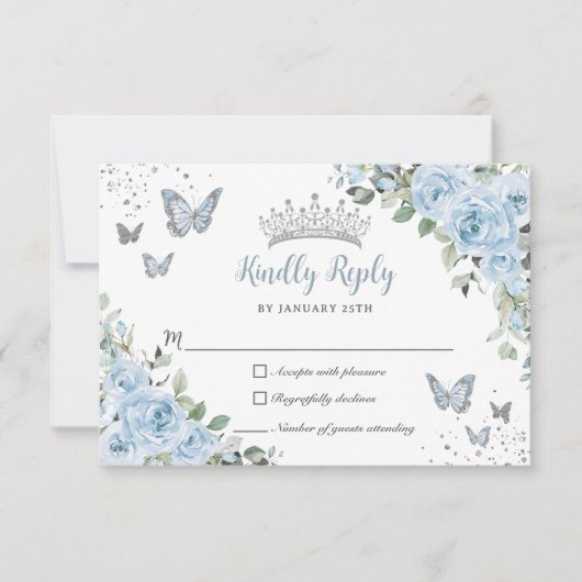 Baby Blauwe Bloemen Vlinders Zilveren Quinceañera RSVP Kaartje (Voorkant)