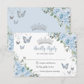 Baby Blauwe Bloemen Vlinders Zilveren Quinceañera RSVP Kaartje (Voorkant / Achterkant)