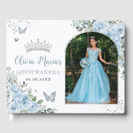 Baby Blauwe Bloemenvlinders Quinceañera Foto Gastenboek