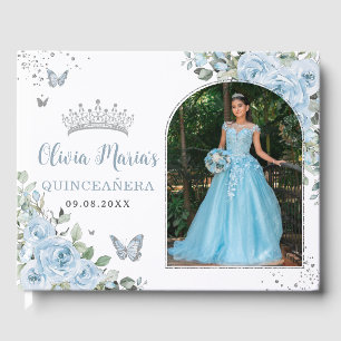 Baby Blauwe Bloemenvlinders Quinceañera Foto Gastenboek