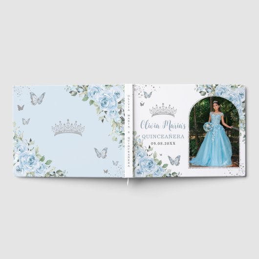 Baby Blauwe Bloemenvlinders Quinceañera Foto Gastenboek (Volledig)