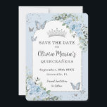 Baby Blauwe Bloemenvlinders Quinceañera Foto Save The Date<br><div class="desc">Personaliseer deze babyblauwe bloemenquinceañera / Sweet 16 verjaardagsfoto / afbeelding bewaar de datumkaart gemakkelijk en snel. Klik op de knop Bewerken met ontwerpgereedschappen om de tekst verder te bewerken, lettertypestijlen en lettertypekleuren te wijzigen. Met prachtige waterverf babyblauwe bloemen, zilveren en blauwe vlinders en een zilveren prinsessenkroon. De vlinders en kroon...</div>