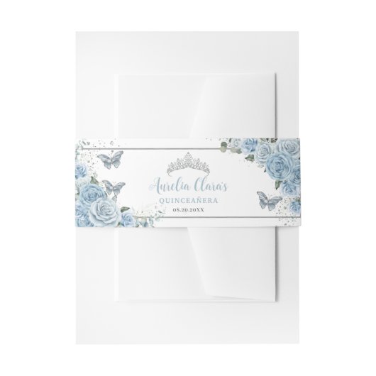 Baby Blauwe Bloemenvlinders Zilveren Quinceanera Uitnodigingen Wikkel (Voorkant Voorbeeld)