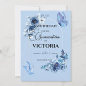 Baby blauwe boog bloemenvlinders Quinceañera Save The Date (Voorkant)