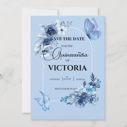 Baby blauwe boog bloemenvlinders Quinceañera Save The Date (Voorkant)