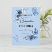 Baby blauwe boog bloemenvlinders Quinceañera Save The Date (Staand voorkant)
