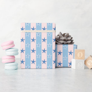 Baby Blauwe en Roze Strepen Zomer Oceaan Zeester Cadeaupapier