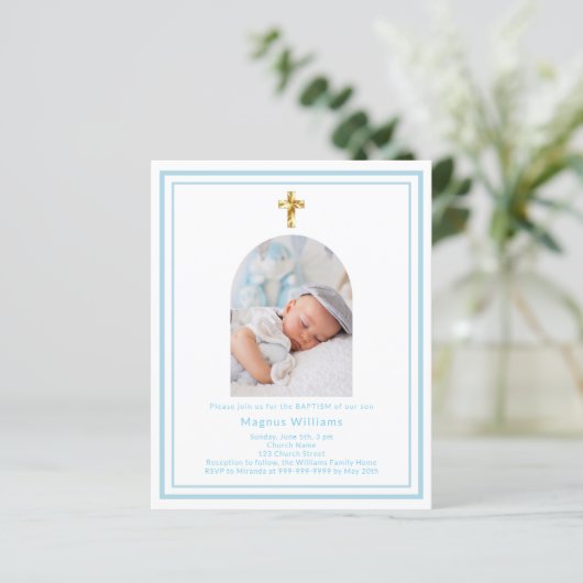Baby blauwe foto boogjongen Doopsel uitnodiging (Staand voorkant)